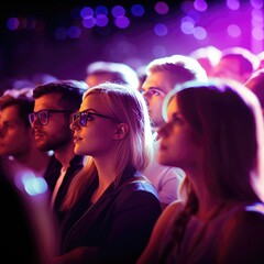 Sticker - Through the Lens of Confidence: A Woman's Eyeglasses Enhance Her Charisma among the Enthusiastic Conference Crowd  - Eyewear Concept - Generative AI