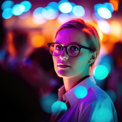 Canvas Print - Bold and Bright: Woman Wearing Glasses Embraces the Neon Energy of the Conference  - Eyewear Concept - Generative AI