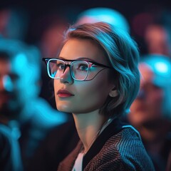 Canvas Print - Fashion Forward: Woman in Eyewear Sets the Style Bar High at the Conference  - Eyewear Concept - Generative AI