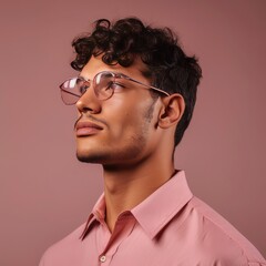 Canvas Print - Captivating Portrait of a Handsome Male Model in Pink Shirt and High-End Prescription Glasses  - Eyewear Concept - Generative AI