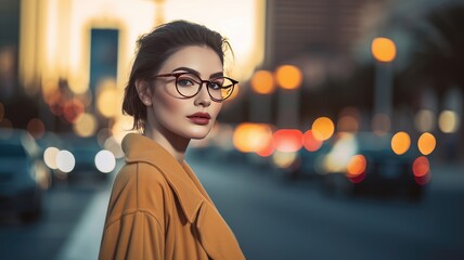 Canvas Print - Captivating Fashion Portrait of a Woman with Luxury Eyewear and Urban Backdrop  - Eyewear Concept - Generative AI