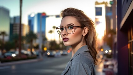 Sticker - Gorgeous Woman Showcasing Sophisticated Luxury Eyewear in Sunlight  - Eyewear Concept - Generative AI