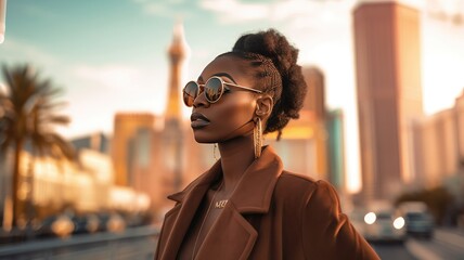 Poster - Captivating Portrait of African American Woman in Luxurious Eyewear against Urban Backdrop - Eyewear Concept - Generative AI