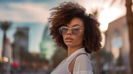 Poster - African American Woman Radiating Confidence in Luxury Eyewear amidst City Setting - Eyewear Concept - Regenerative AI