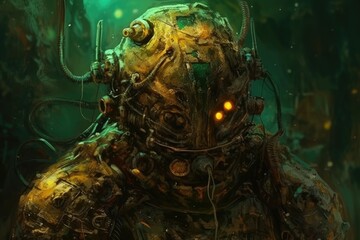 Poster - menacing robot standing alone in the darkness with glowing eyes Generative AI