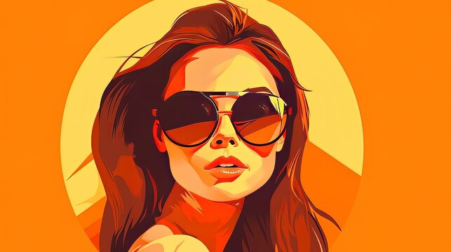 Vector minimalism style art of Summer portrait of happy beautiful woman with sunglasses in contemporary vivid orange and yellow colors at the beach, suntan, happy. holidays and beauty. Generative AI