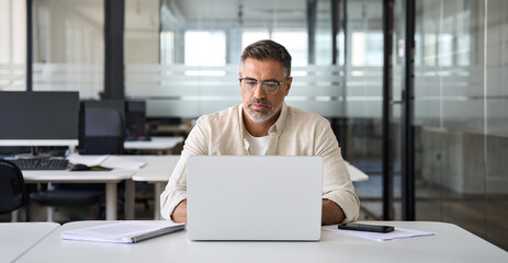 Mature Indian or Latin business man trader using computer, typing, working in modern office, doing online internet research on laptop. Horizontal photo with copy space banner for website header design