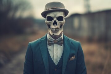 Wall Mural - Skull with a skeleton in a business suit. AI generated, human enhanced