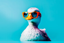 Generative AI Illustration Of Stylish Funny Duck With Orange Beak Wearing Sunglasses Looking Away Against Yellow Background