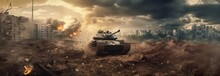 Armored Tank Crosses A Mine Field During War Invasion Epic Scene Of Fire And Some In Destroyed City As Banner With Copyspace Area - Generative AI