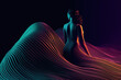 © ADDICTIVE STOCK - Generative AI illustration of anonymous elegant woman in abstract dress with colorful wavy lines looking over shoulder against black background