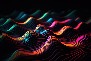 Generative AI illustration of abstract multicolored wavy ornament with shiny gradient colorful lines forming black background