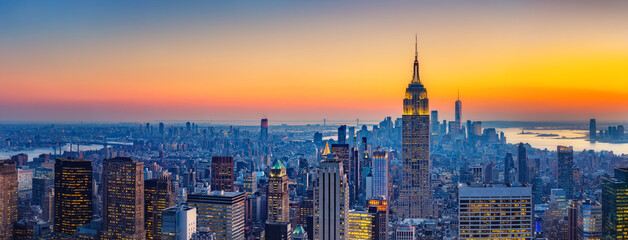 Wall Mural - Aerial view of New York City Manhattan at sunset