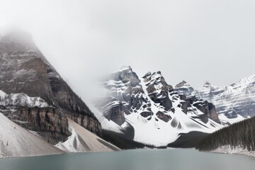 Wall Mural - serene lake nestled among snow-capped mountains on a cloudy day generative ai