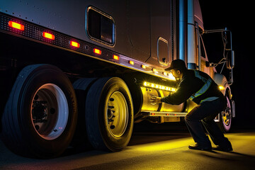 Wall Mural - a truck driver working on the side of a truck. Generative Ai