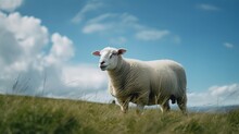 Portrait Sheep In Meadow With Blue Sky By Ai Generative