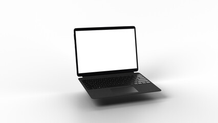 3d rendered surface laptop hovering with blank screen for content replacement. possible use case: mo