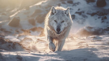 Photorealistic Ai Artwork Of A Wolf In The Snow Walking In A River At Sunrise Or Sunset. Generative Ai.