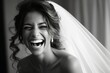 A happy smiling bride in a white dress created with generative AI technology.