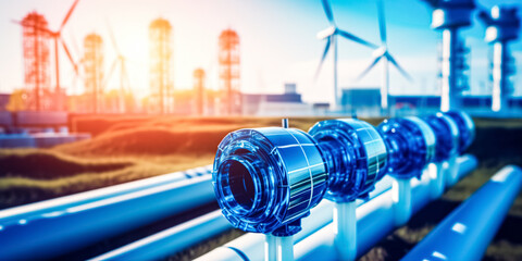 Wall Mural - a hydrogen pipeline with wind turbines and in the background. green hydrogen production concept