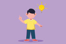 Character Flat Drawing Smart Little Boy Thinking About Something. Kids Think Creative Idea. Bubble With Light Bulbs Sign. Concept Of Learning And Growing Children. Cartoon Design Vector Illustration