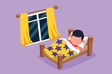 Wall Mural - Cartoon flat style drawing cute little boy sleeping on tonight dreams, good night and sweet dreams. Happy little child sleep in bed room. Kids sleeping at cozy room. Graphic design vector illustration