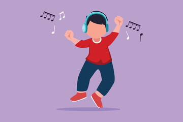 Wall Mural - Graphic flat design drawing adorable little boy listening to music with headphones on his head. Kid wearing earphones and headphones, listening to music and dancing. Cartoon style vector illustration