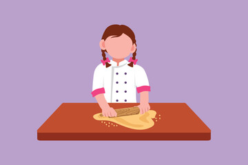 Graphic flat design drawing of pretty little girl stretching dough with rolling pin. Kids making homemade bakery at kitchen. Children doing housework chores at home. Cartoon style vector illustration