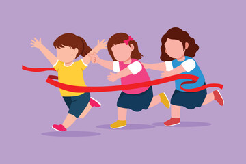 Wall Mural - Character flat drawing of children in athletics competitions. Happy little girls run in stadium and finish. Adorable kids came running first and won. Sport activity. Cartoon design vector illustration