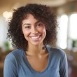 © August - Smiling woman looking at the camera. Zoom. Profile photo. Generative AI