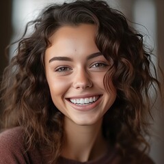 Smiling woman looking at the camera. Zoom. Profile photo. Generative AI