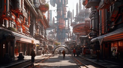 Naklejka na meble wide angle view of futuristic cityscape of street at day using generative AI