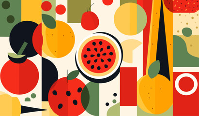 Organic Fruit Vegetable Geometric Pattern: Natural Food Background with Simple Swiss Bauhaus Style and Vibrant Agriculture Vector Design