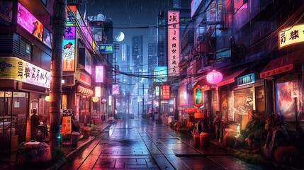 wide angle futuristic night street downtown illustration using generative ai