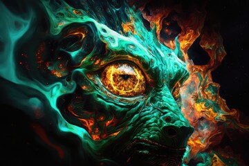 Wall Mural - Green eye male demon in a mystery art style. distinct generative AI image.