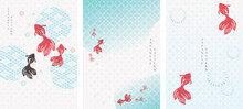 Japanese Background With Gold Fish Vector. Asian Pattern With Icon Elements. Water And River Template In Vintage Style.