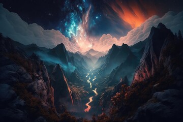 Wall Mural - mountain landscape at night with star in the sky. distinct generative ai image.
