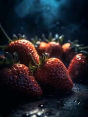 Wall Mural - Strawberry photo with yellow natural lights, close up photo on dark background. Generative ai