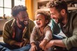 © Alan - male gay couplle family with a child smiling in the living room having a good time the three together sitting on the floor playing, kid with two fathers, fathers day LGBT, generative AI
