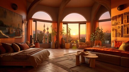 Wall Mural - Golden hour, earthy colors, amazing feng shui, cozy room, interior design concept,