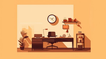 Minimal vector illustration, working office, flat design, brown