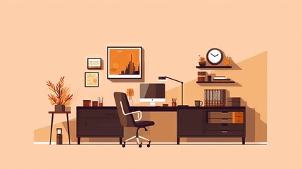 Minimal vector illustration, working office, flat design, brown