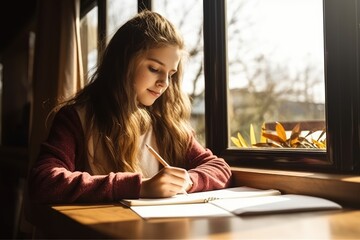 Female high school teenage student doing her homework. Generative AI