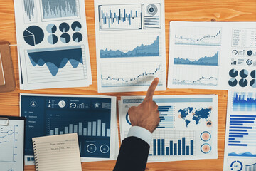 Poster - Top view analyst team discussing financial data on digital dashboard, analyzing chart and graph papers by data science software on wooden table background. Business intelligence and Fintech. Fervent