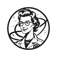 Wall Mural - happy woman scientist, vintage logo line art concept black and white color, hand drawn illustration