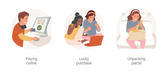 Poster - Online store isolated cartoon vector illustration set. Smiling teenager holding bank card, paying online, happy with purchase, ecommerce store, unpacking parcel, order delivered vector cartoon.