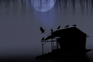 Wall Mural - The silhouette of an old abandoned raft floating in the water and a flock of crows perched at night with the moon reflected in the blurred water.
