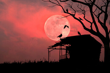 Wall Mural - Silhouette of an abandoned old hut planted under a leafless tree with a flock of crows perched at night with a red full moon.