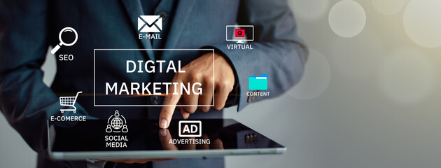 Fototapete - Digital marketing business technology concept. Internet. Online. Search Engine Optimisation. SEO. SMM. Advertising. Asian Businessman working on mobile phone.