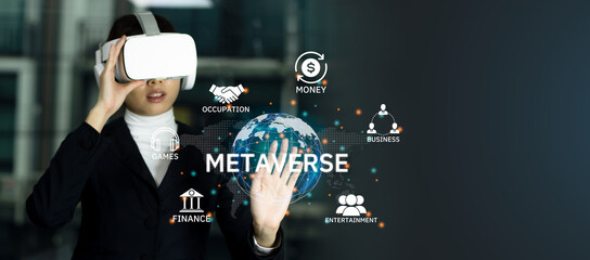 Poster - Metaverse ar technology concept. Businesswoman wearing vr headset connecting with virtual global, world data.